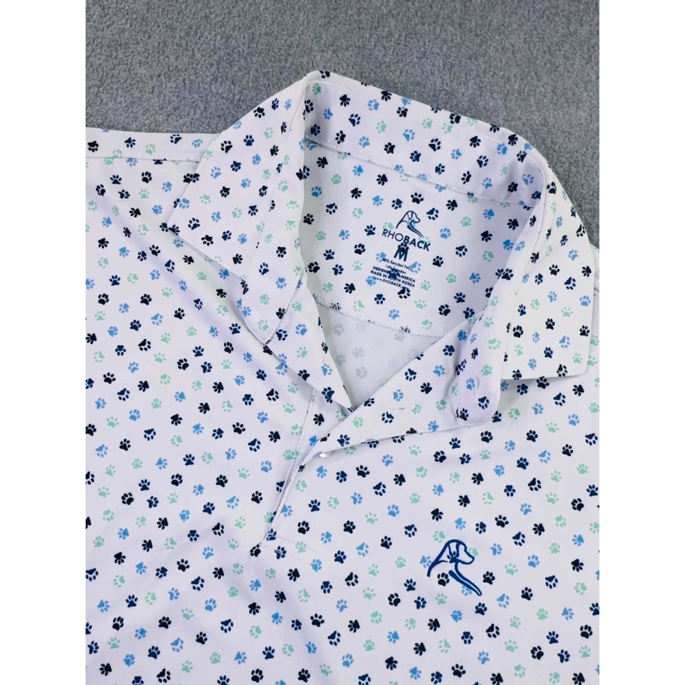 Rhoback The Pup Performance Polo Mens Size M White Blue Paw Print Golf Shirt Dog